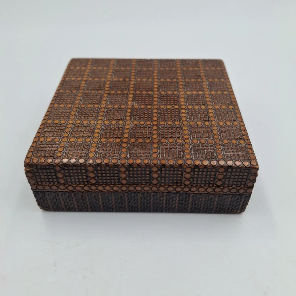 Vintage Hand Carved Wooden Trinket Box Geometric Folk Art Pyrography Square